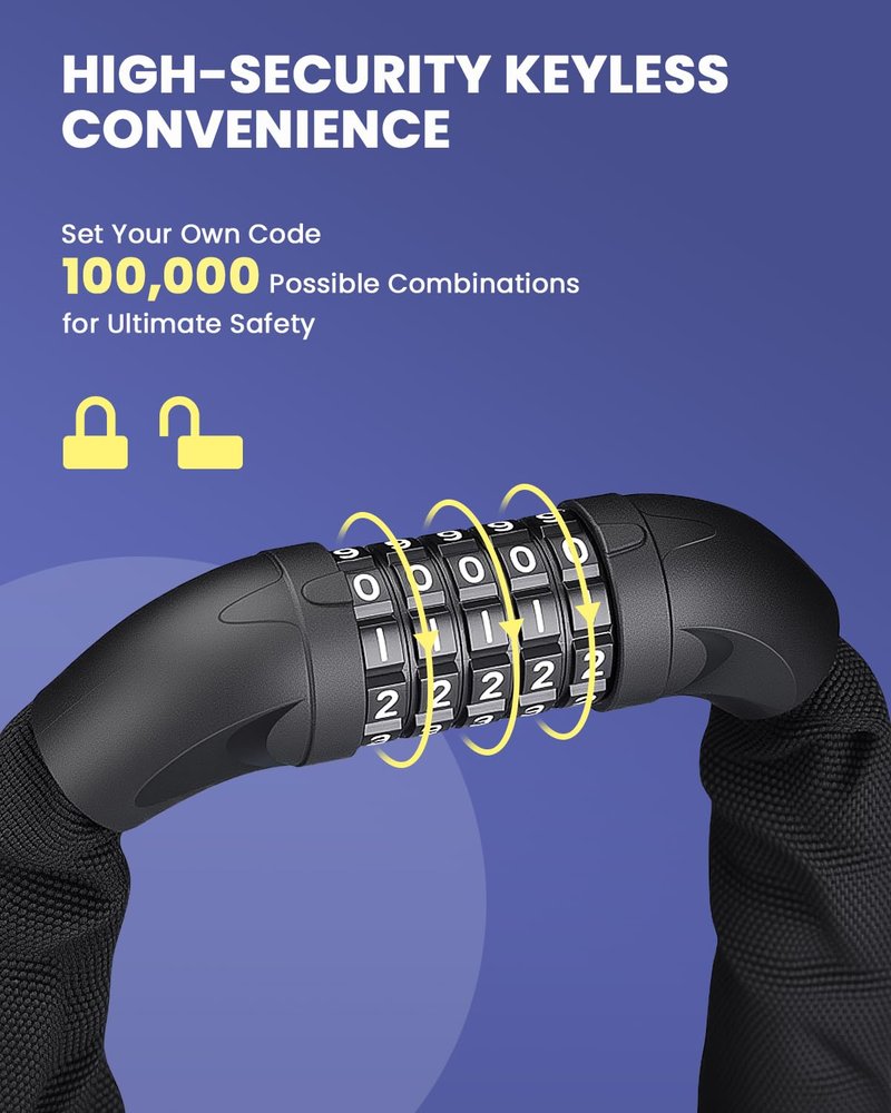 ONVIAN Bike Locks Heavy Duty Anti Theft-5 Digit Combination, 3.2Ft Long Bike Chain Lock, High Security Keyless Bicycle Lock for Ebike, Bicycle, Scooter, Motorcycle, Door, Gate, Fence