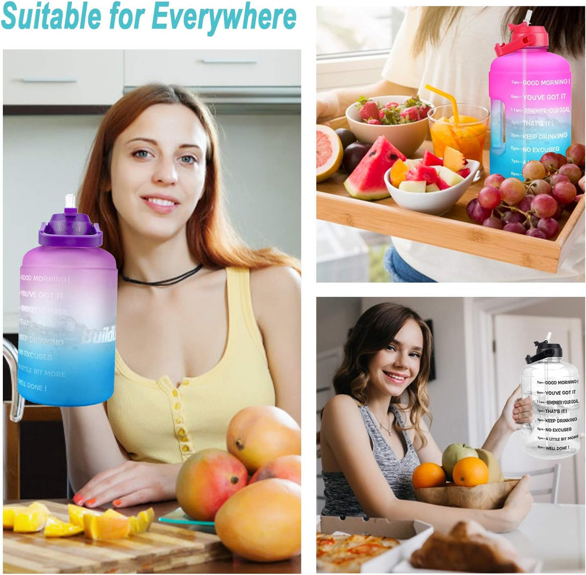 QuiFit 1 Gallon Water Bottle - Leak-Proof BPA-Free with Straw & Motivational Time Marker | 128oz Capacity
