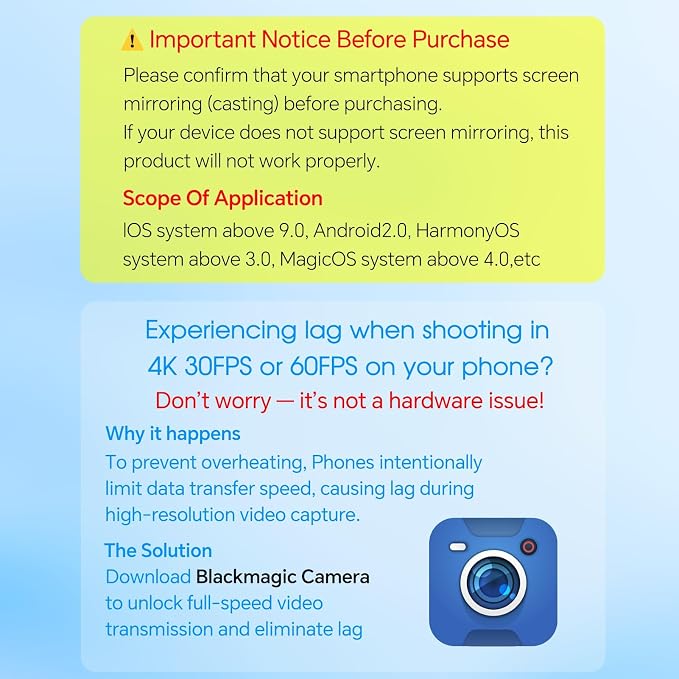 Vlog Selfie Monitor Screen iPhone, 4K 60fps Recording, Wireless Screen Mirroring