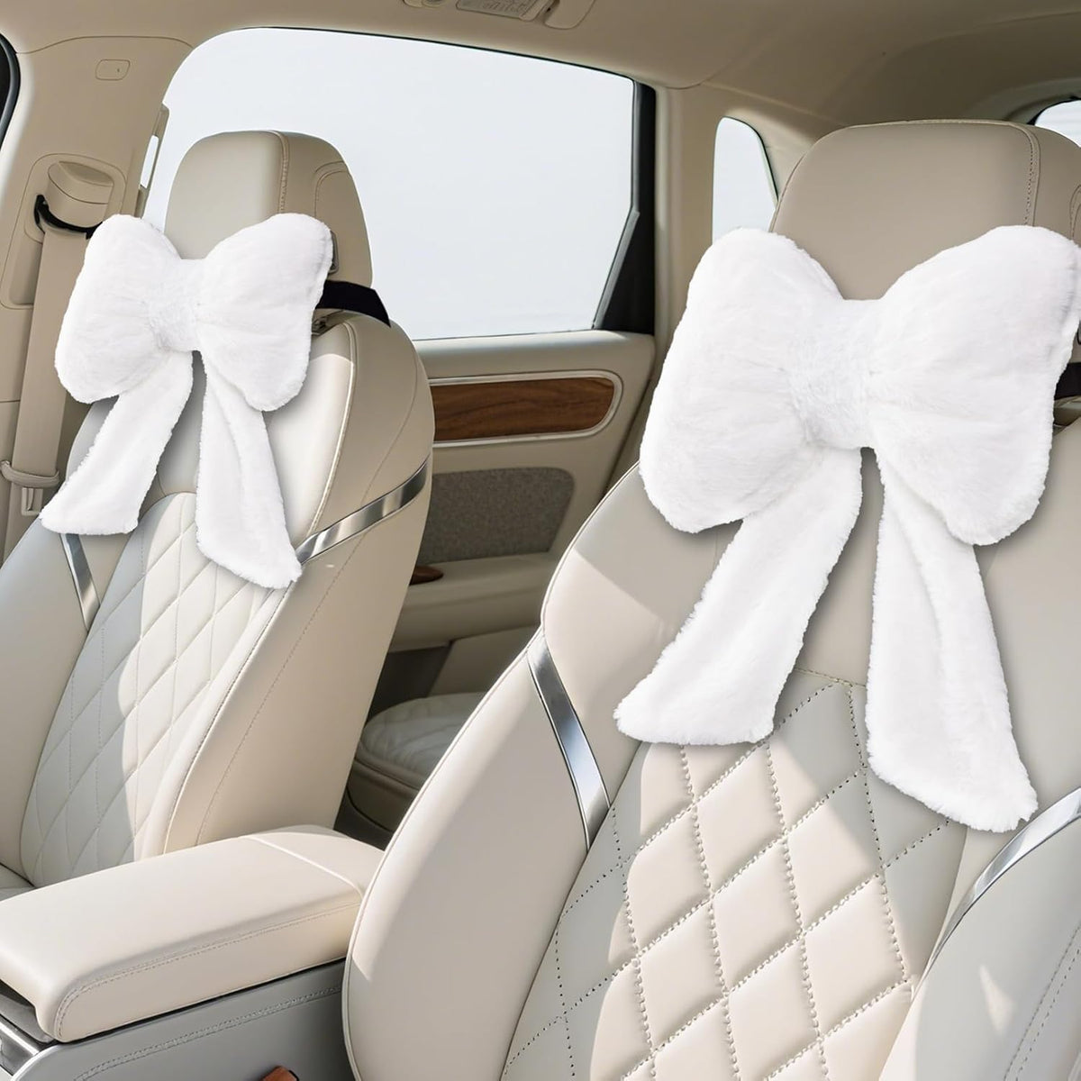 2 Pack Bow Car Headrest Pillow Comfortable Soft Plush Head Rest Cushion, Neck Pillow for Driving Office Use and Car Interior Decoration (Pink Heart)