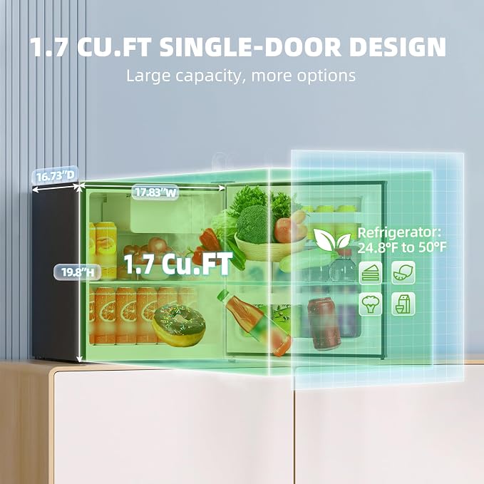 1.7 Cu.Ft Mini Fridge with Freezer, Mini Fridge for Bedroom, Small Refrigerator, Dorm Refrigerators with Freezer, Compact Refrigerator for Office, Apartment, Bedroom (Black)
