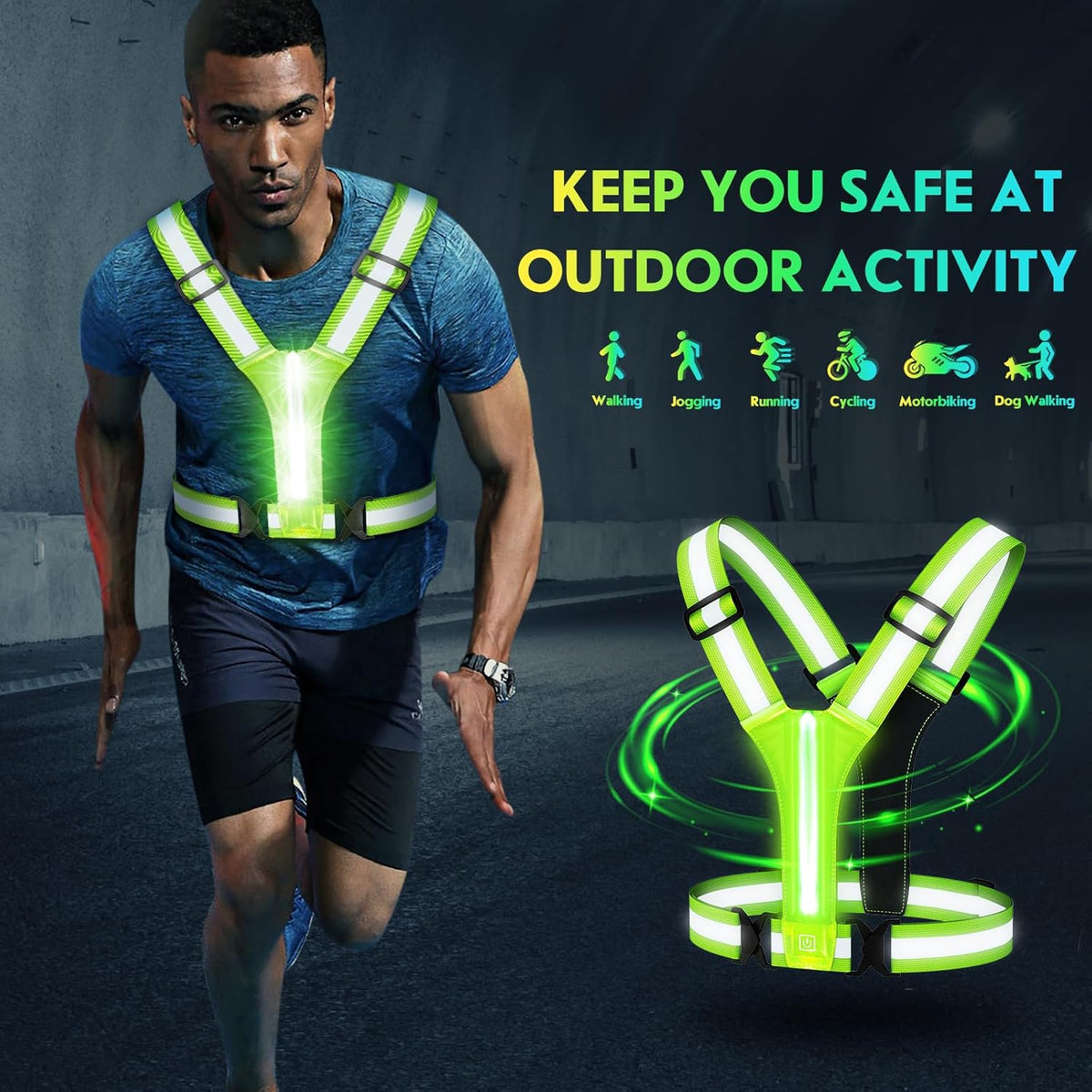 Simket LED Reflective Running Vest - Water Resistant Safety Gear with USB Rechargeable Lights | Adjustable High Visibility for Night Running, Cycling, Dog Walking
