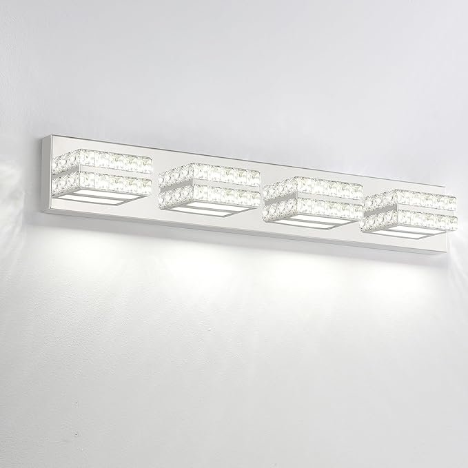 OKELI Crystal Vanity Lights LED Bathroom Vanity Light Fixture Over Mirror Modern Indoor Mirror Front Lamp, 6000K Cold White Dimmable, 4-Lights, 24W, ETL Listed