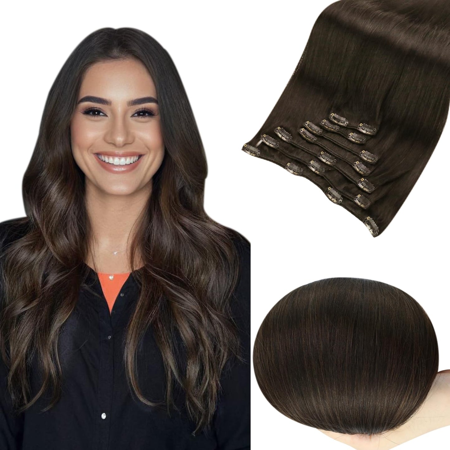 Full Shine Clip In Hair Extensions Brown Hair Extensions Real Human Hair Clip Ins Dark Brown Remy Hair Extensions Double Weft Lo