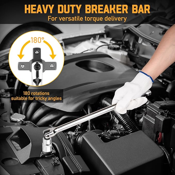 3PCS Breaker Bar Set, 3/8'', 1/4in, 1/2inch Breaker Bars with 180°Rotatable Head, Heavy Duty Breaker Bar Kit with 15 inch, 10 inch, 6 inch Length for Automobile and Motorcycle Maintenance and Repair