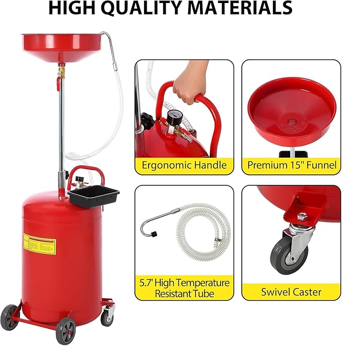 20 Gallon Waste Oil Drain Tank, Oil Drain Extractor, Pneumatic Drainer for Automotive Fluids, Portable Waste Oil Container with Air Operation (20 Gallon-Red-Common)