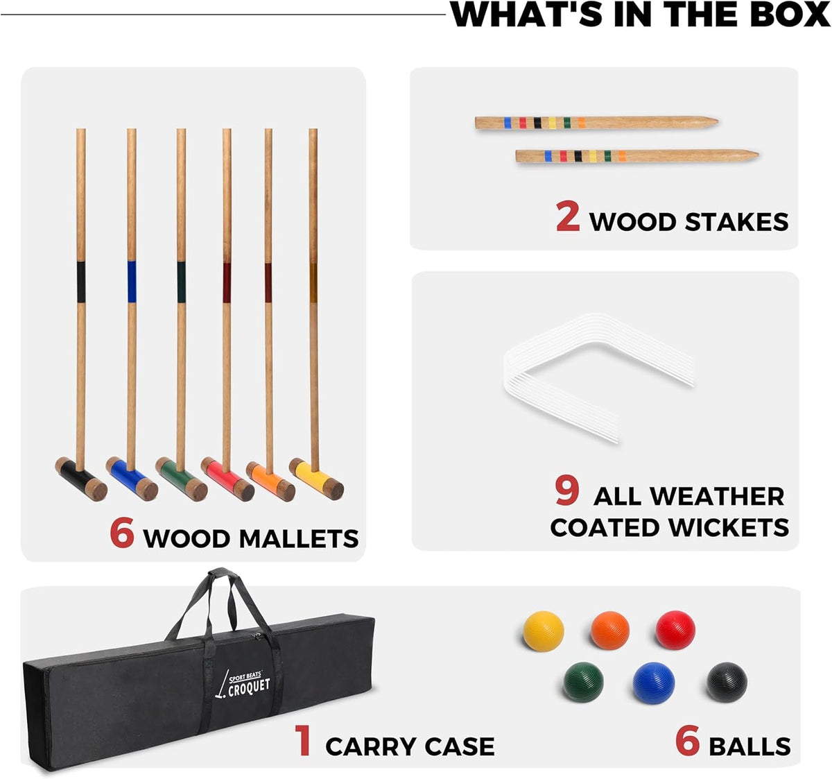 Sport Beats Croquet Set - Six Player Rubberwood Mallets, 32 Inch, Carry Case Included | Perfect for Outdoor Fun