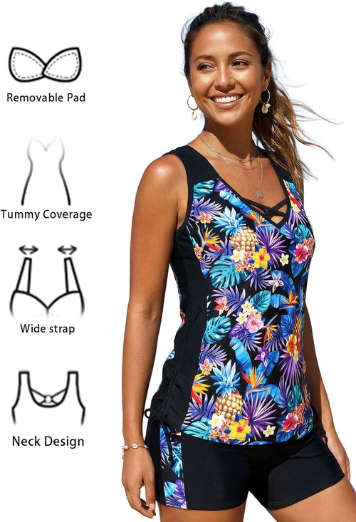 MODLILY Women's Tankini Swimsuit - V-Neck with Cross Straps & Bike Shorts | Stylish Two-Piece Set