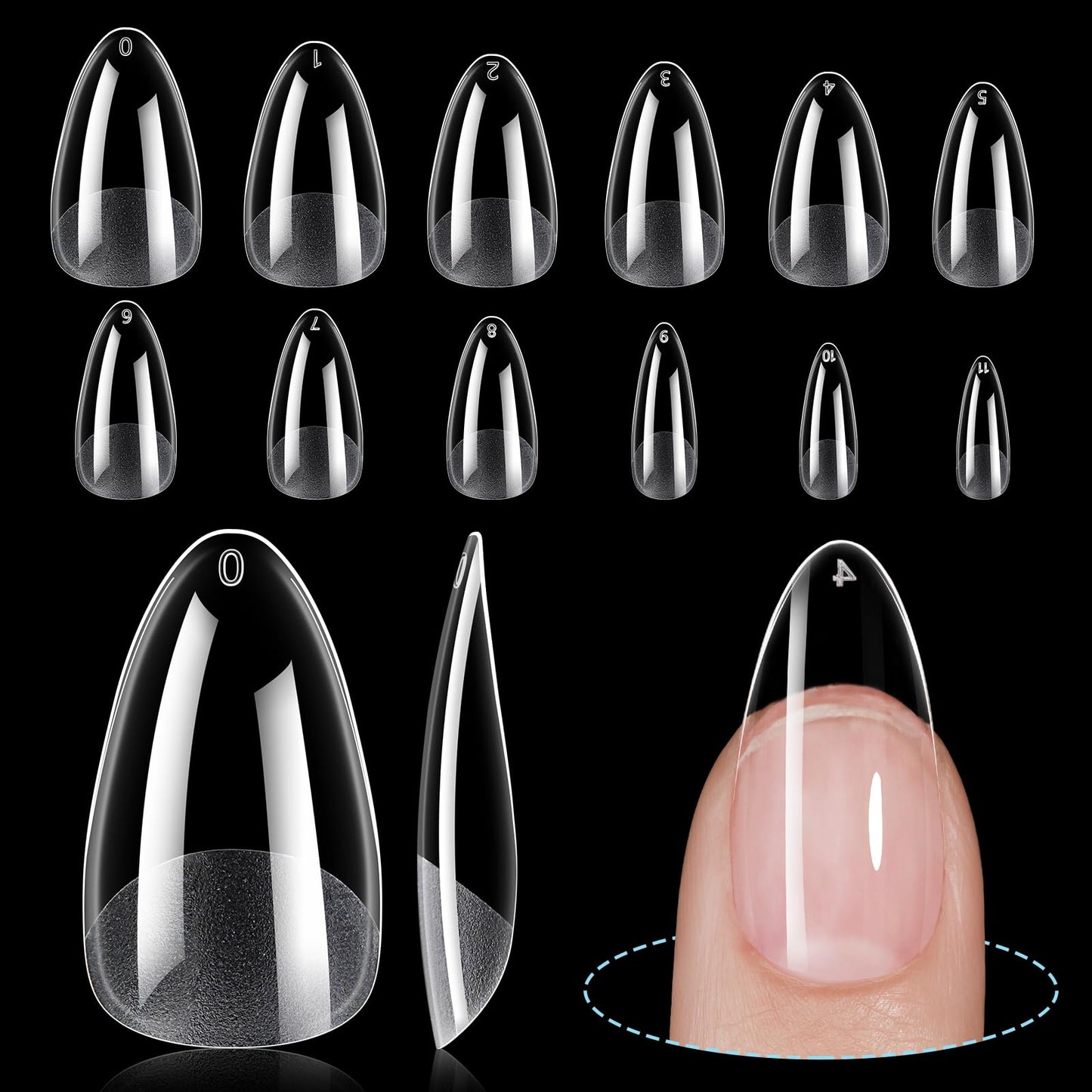 Tomicca Medium Almond Nail Tips, 192Pcs Soft Gel Nail Tips, 12 Sizes Acrylic Pre Buffed Medium Almond False Tips, Full Cover Hal
