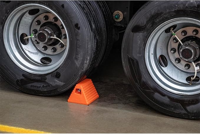 Buyers Products WC6810LP Heavy Duty Rubber Wheel Chock with Recessed Eyebolt, 10x8x6 Inch, Tire Chock for Cars, Trailers, RVs, Oil Resistant, Durable Tire Stopper, Ideal for Shipping Docks, Orange