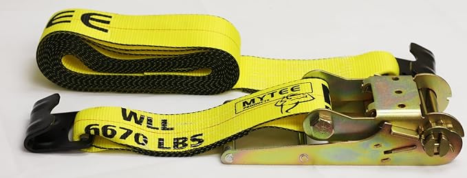 Mytee Products 4" x 30' Ratchet Tie Down Straps w/Flat Hook Extreme, 6,670 Lbs WLL Tie Down for Flatbed Truck Trailer (1 - Pack) Yellow
