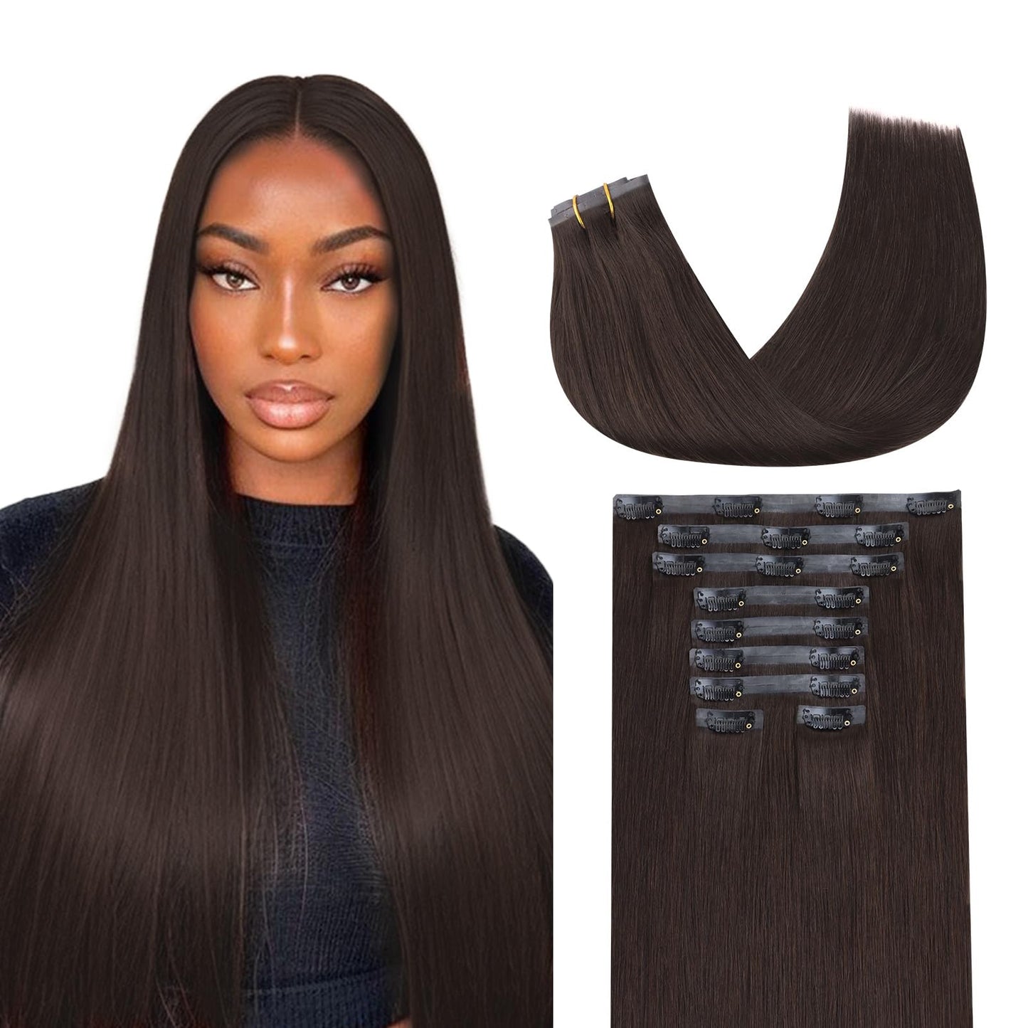 Lashey Seamless Clip In Hair Extensions Human Hair 130G 9Pcs #2 Dark Brown Straight 14 Inch Clip In Hair Extensions For Women Ha