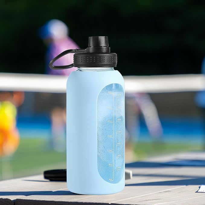 64 oz Glass Water Bottle With Straw and Handle, Half Gallon Sports Motivational Water Jug Flask with Silicone Sleeve, Large Water Cup with Time Marker for Travel, Gym, Blush