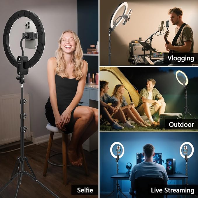 12" Selfie Ring Light with 63" Tripod Stand/Phone Holder, QEUOOIY 20W LED