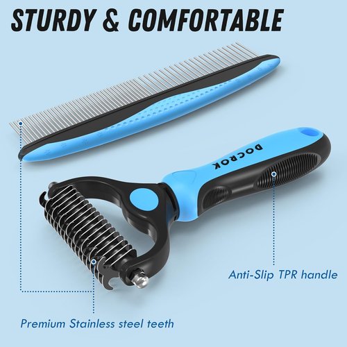 Docrok Pet Grooming Combo - Blue Deshedding Brush & Metal Comb for Long, Matted Fur Care
