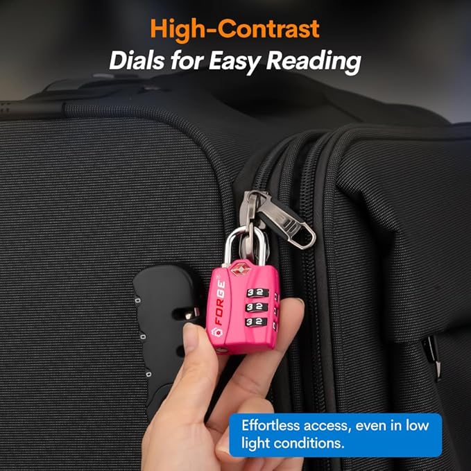 Forge Luggage Locks TSA Approved 4 Pack 4 Colors, Small Combination Lock with Zinc Alloy Body, Open Alert, Easy Read Dials, for Travel Suitcase, Bag, Backpack, Lockers.