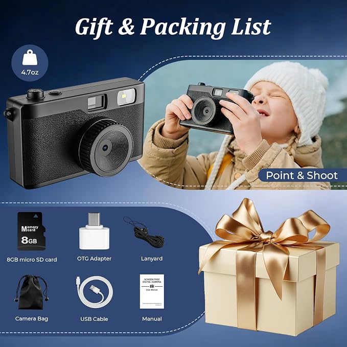 Screen Free Digital Camera, Reusable 12MP Vintage Digital Camera
