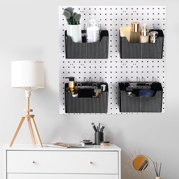 Suzile 4 Pcs Pegboard Bins Plastic Bins Set 7.9 x 3.3 x 4.7'' Pegboard Containers with Metal Hooks Organizing Assortment Accessories for Organizing Storage Tools Storage Workbench Garage (Black)