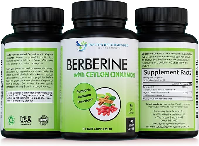 DOCTOR RECOMMENDED SUPPLEMENTS Berberine with Ceylon Cinnamon - 1200mg Berberine & 100mg Organic Ceylon Cinnamon - 120 Veggie Capsules, (Pack of 3)