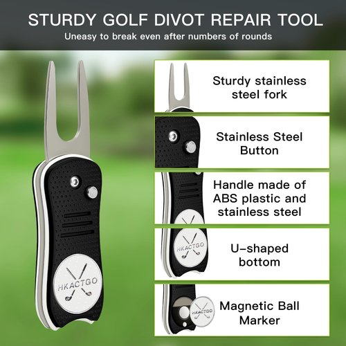 HKACTGO Golf Divot Repair Tool with Premium Metal Gift Box, Heavy Duty 2-Layer Stainless Steel & ABS, Thicker & Harder Prongs, Foldable, Magnetic Ball Marker,Black