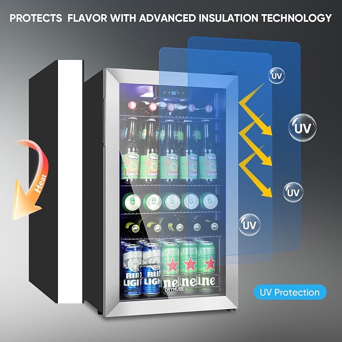 3.2 Cu.Ft Beverage Refrigerator, 130 Can Mini Fridge with Glass Door & Digital Temperature Control, Compressor Cooling Freestanding Cooler for Soda, Beer, Wine, Home, Office & Bar - Silver