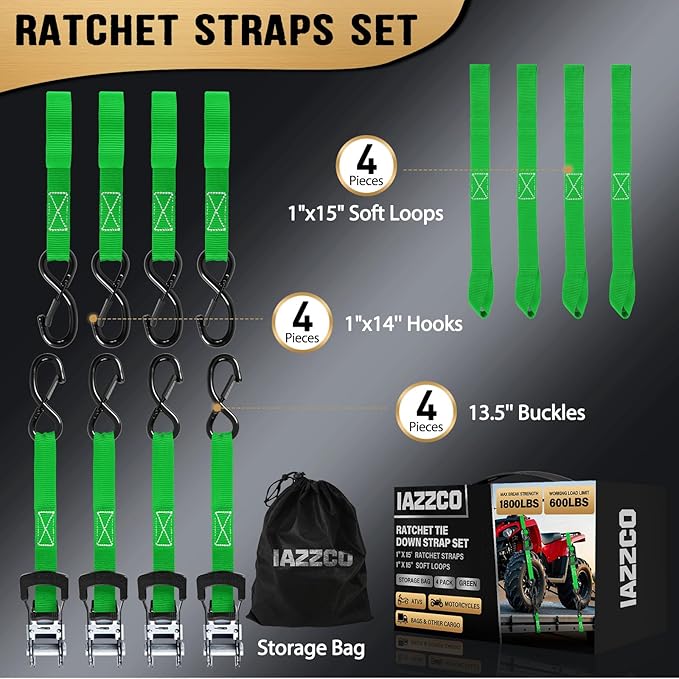 Ratchet Straps - Heavy Duty Tie Downs Straps - 1 Inch x 15 Feet 4 Pack - Safety S Hooks & Soft Loops, 1800LBS Break Strength for Men, Trucks Cargo Moving appliances Motorcycle ATV (Green)