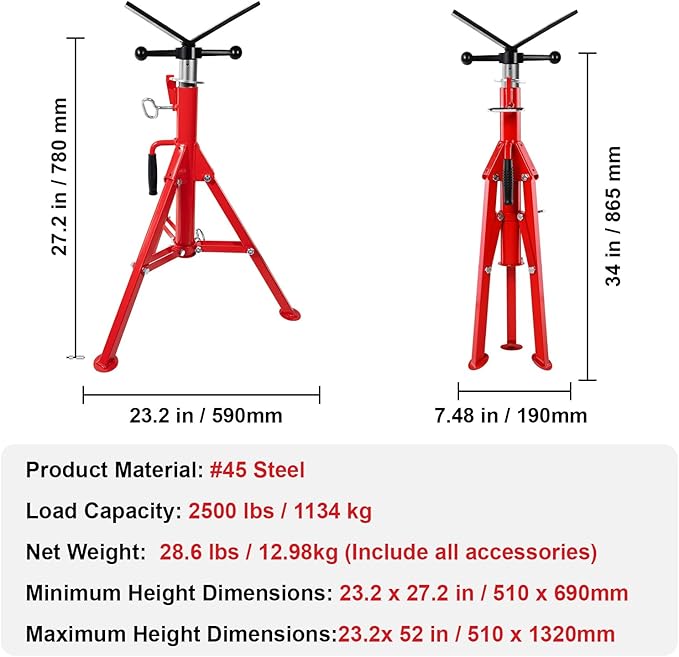 Pipe Jack Stand, 2500LB Capacity Heavy Duty Stand, 27.2"-52" Adjustable, Folding Tri-pod Base for 1/2-24 inch Pipes