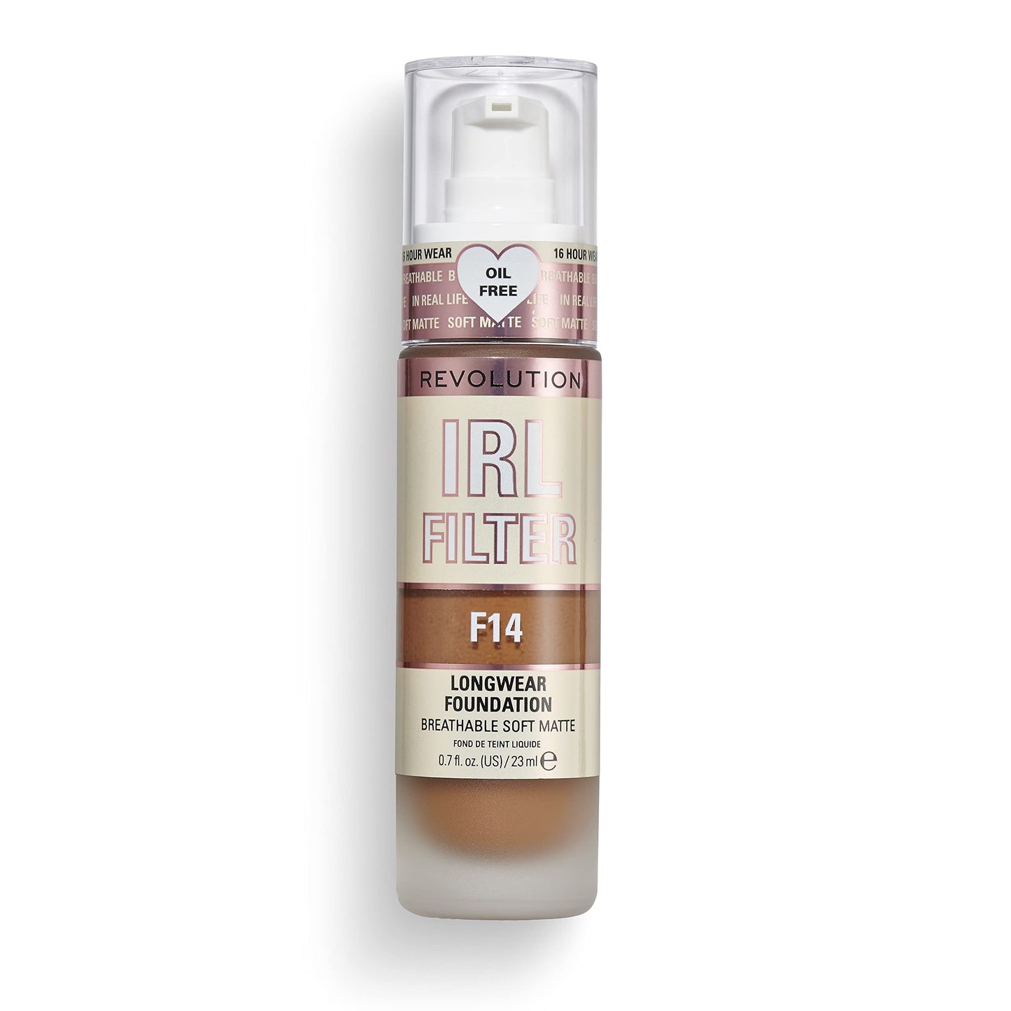 Revolution Beauty, Irl Filter Longwear Foundation, Soft & Breathable Formula, Medium To Full Coverage, Matte Finish, F14, 0.7 Fl