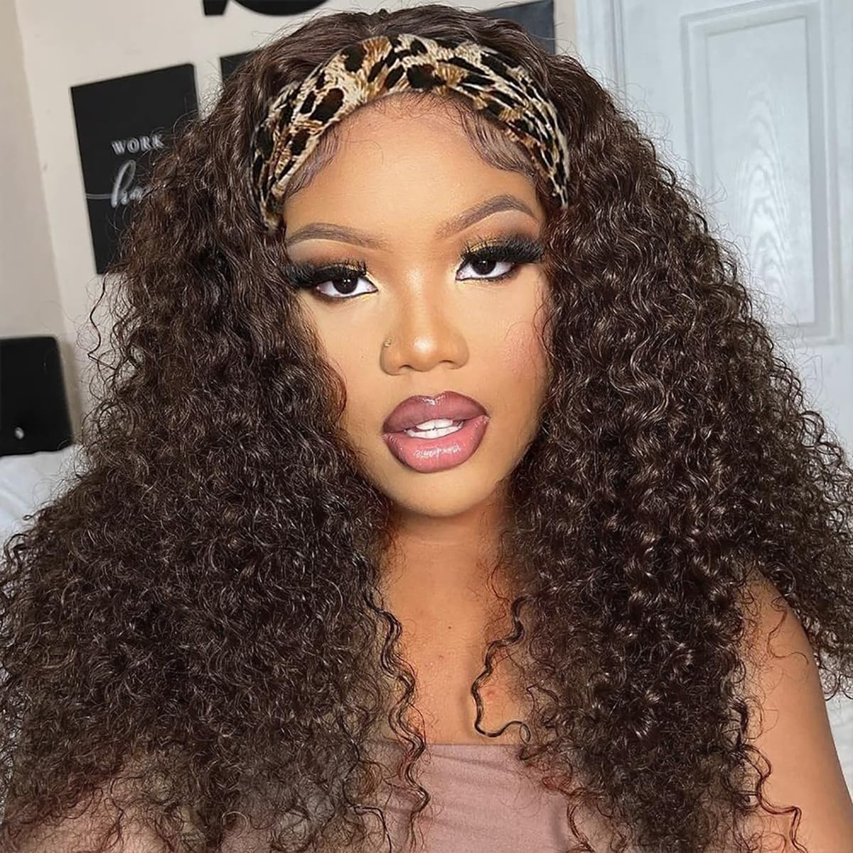 Celiarita Headband Wigs Human Hair Deep Wave #4 Chocolate Brown Curly Brazilian Machine Made None Deep Curly Wave Headband Half
