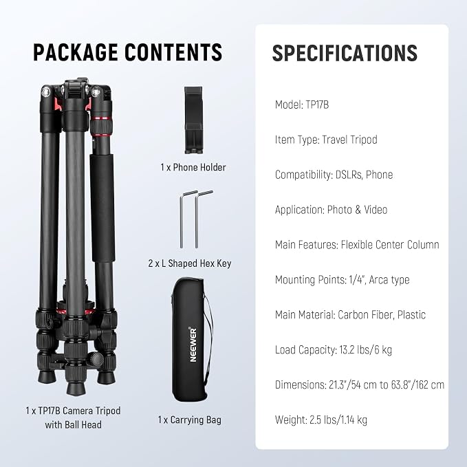 NEEWER Basics Carbon Fiber Travel Tripod Monopod, Arca Type Ball Head, Max Load
