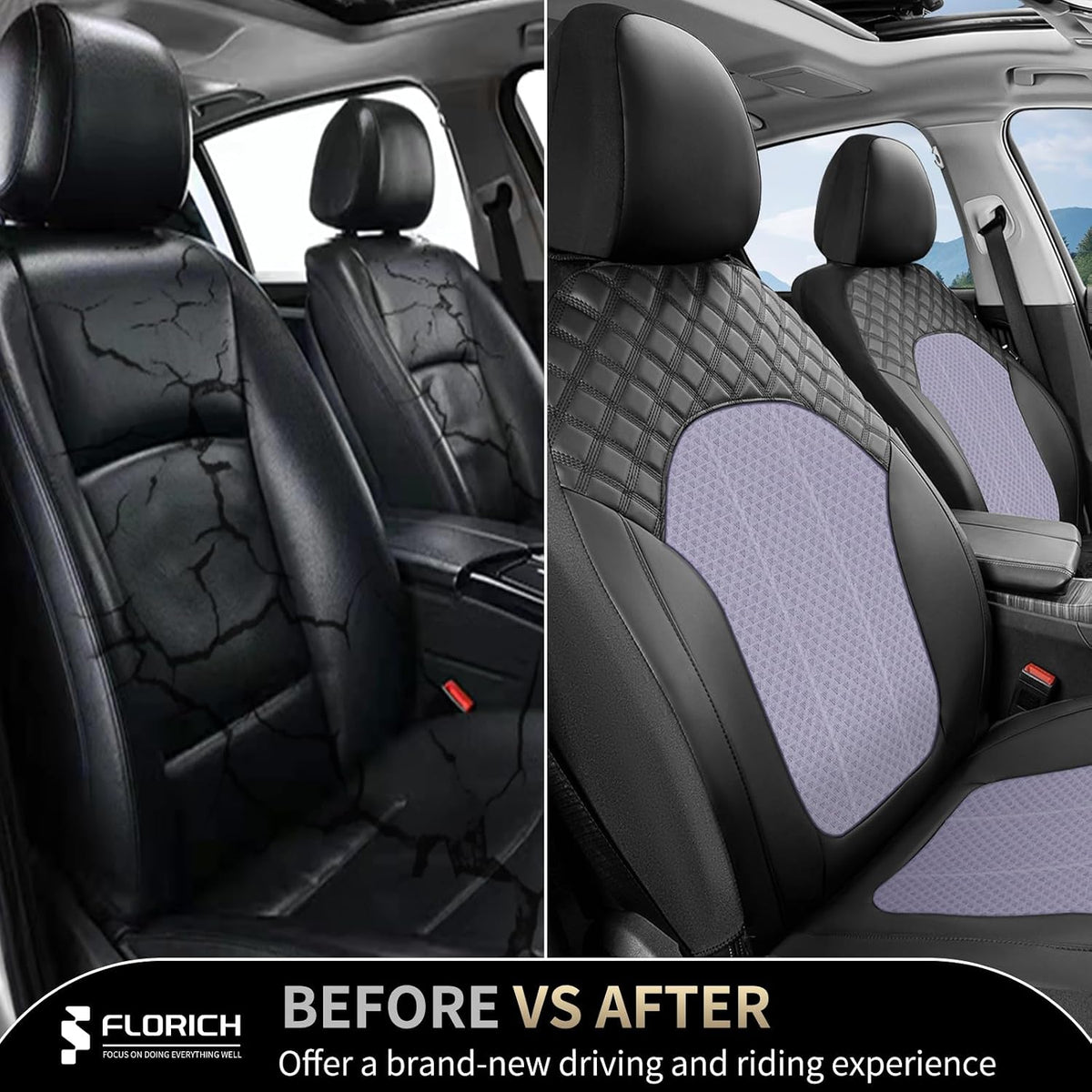 FLORICH Purple Seat Covers for Cars Front Seats Cover Mesh Leather Car Seat Covers Automotive Comfort & Protection Airbag-Compatible Spill-Proof Interior Cover Fit for Most Car SUV Truck, Black&Purple