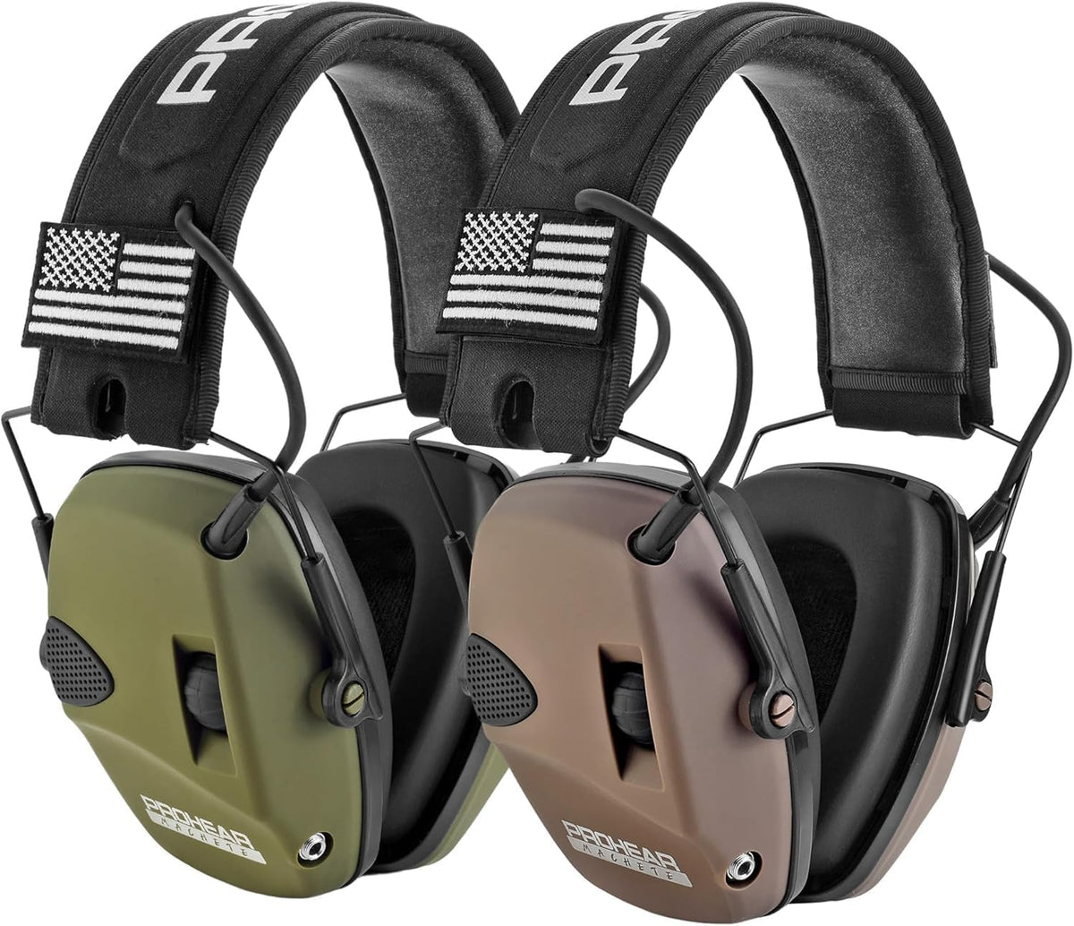PROHEAR Electronic Ear Protection Muffs - 4X Sound Amplification & NRR 23dB Noise Reduction | 2 Pack, Green & Brown