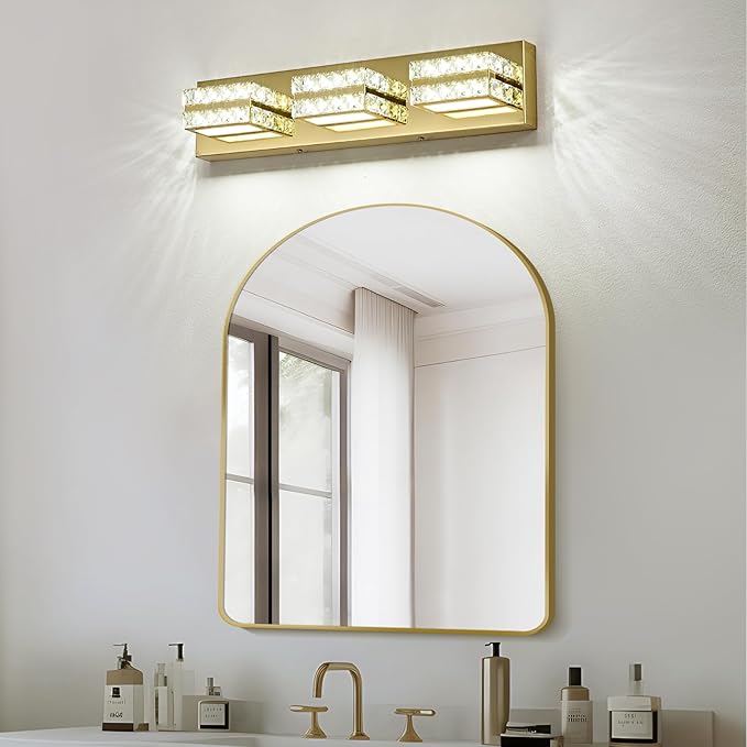 OKELI Crystal Vanity Lights LED Bathroom Vanity Light Fixture Over Mirror Modern Indoor Gold Lamp, 6000K Cold White Dimmable, 3-Lights, 20W, ETL Listed