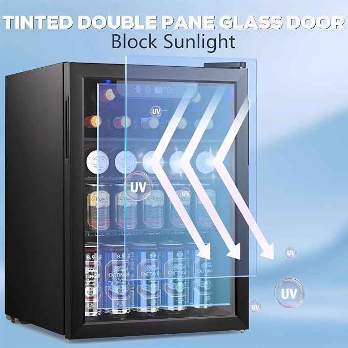 Electactic 2.6 Cu.ft Beverage Refrigerator Cooler, 95 Can Mini Fridge Glass Door with Adjustable Shelves, Digital Temperature Display, Freestanding Small Drink Fridge for Home, Office or Bar(Black)