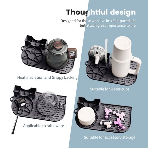 2 Pack Silicone Drying Mat for Stanley, Water Bottle Drying Rack for Holds Lids, Straws, Cups and Bottles Drain Pad for Kitchen/RV/Travel/Desktop User, Easy Clean, Non-Slip, Heat Resistant (Gray)