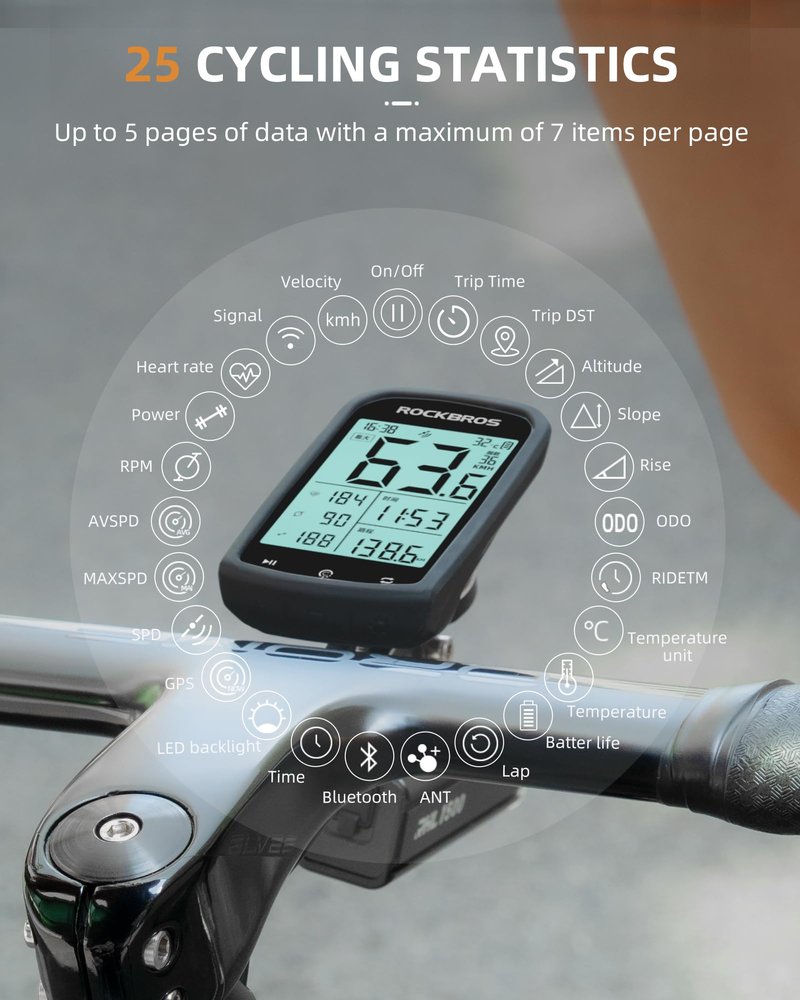 ROCKBROS Bike Computer Wireless Cycling Computers ANT+ Bluetooth Bicycle Computer Mini Speedometer Odometer Waterproof 2.9inch LCD Screen GPS/BDS/Galileo Position System