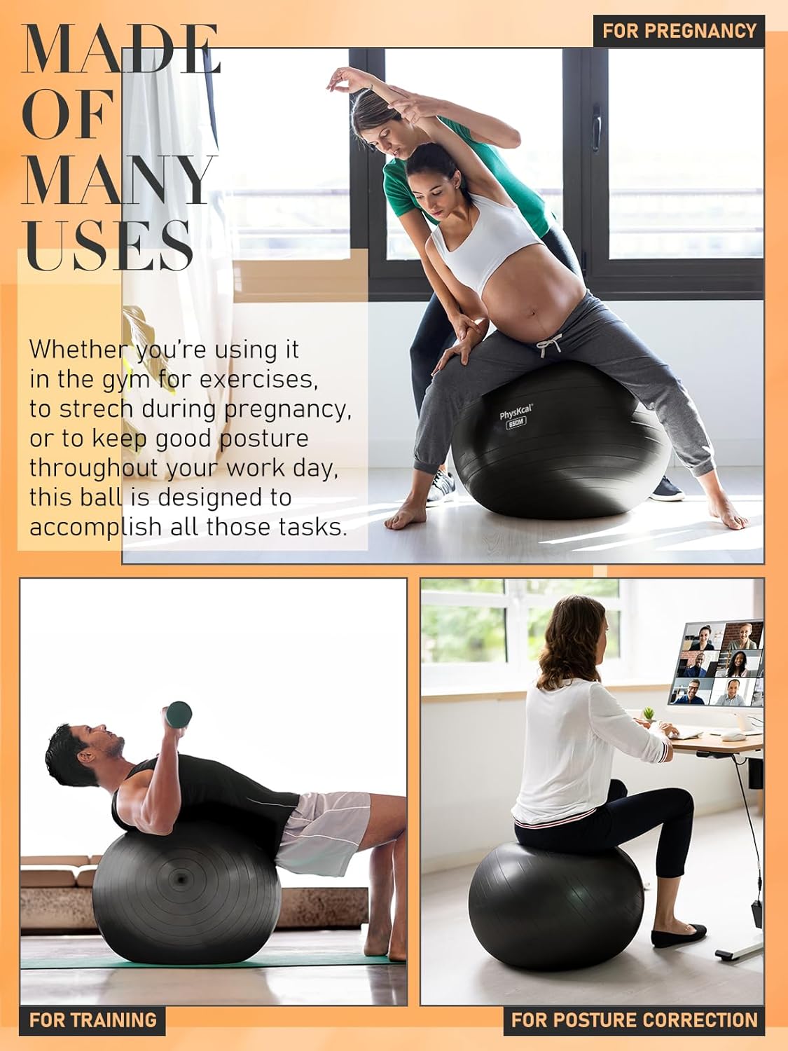 PhysKcal Yoga Ball - Versatile Fitness Ball for Exercise, Pilates & Therapy | 4 Sizes Available
