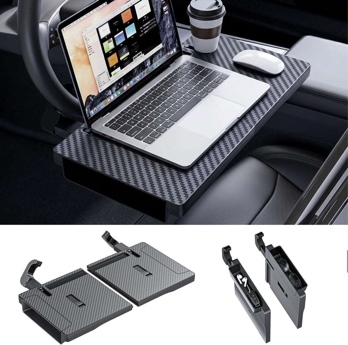 2-in-1 Car Steering Wheel Desk Tray & Slim Seat Gap Filler Organizer, Foldable Car Table for Eating Working, Carbon Fiber Car Laptop Tray & Seat Organizer for Car SUV Truck