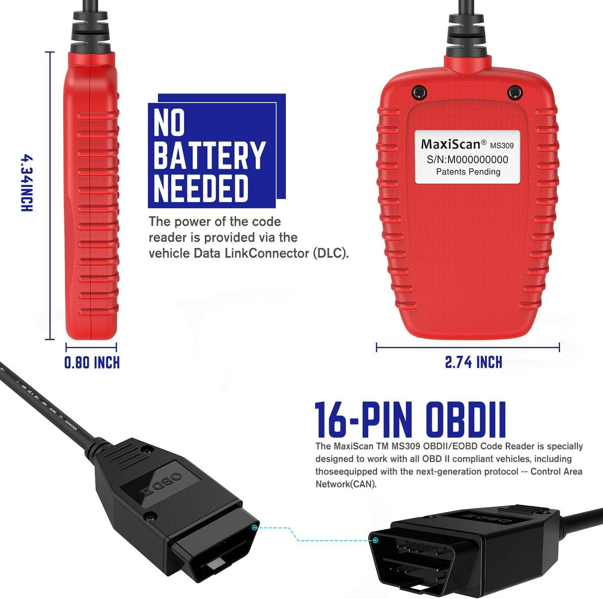 Autel OBD2 Scanner MS309 Universal Car Engine Fault Code Reader, Check Engine Light and Emission Monitor Status, OBDII CAN Diagnostic Scan Tool