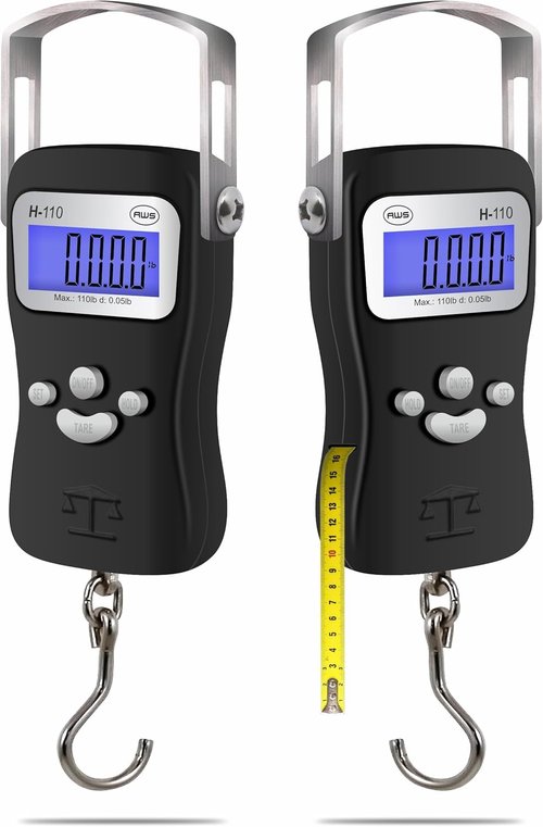 AWS Digital Luggage Scale - 110lb Capacity Hanging Scale with Built-in Tape Measure & Hook | Durable Metal Construction (Black)