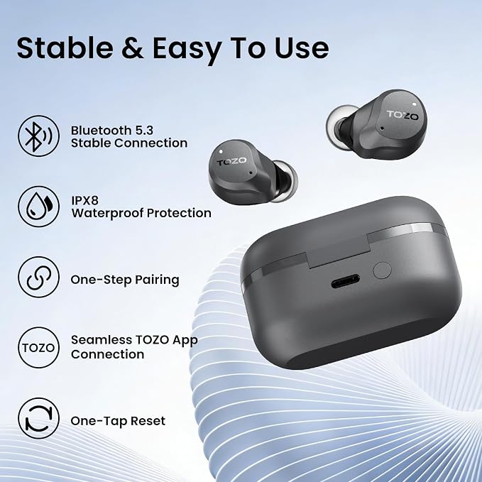 TOZO NC9 Hybrid Active Noise Cancelling Wireless Earbuds, 60H, LED Display | 6 Mic ENC Clear Calls, Deep Bass Sound, IPX8, in Ear Bluetooth 5.3 Headphones,32 EQs via APP, Comfort Fit Ear Buds, Gray
