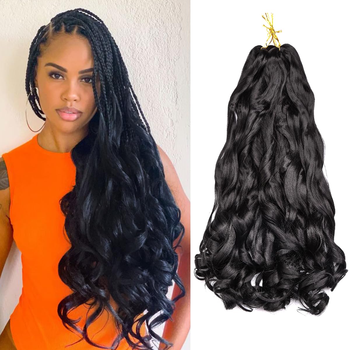 Amir Hair 8 Packs French Curly Braiding Hair 16 Inch Loose Wave Braiding Hair Pre Stretched Synthetic Hair Extensions (1B#)