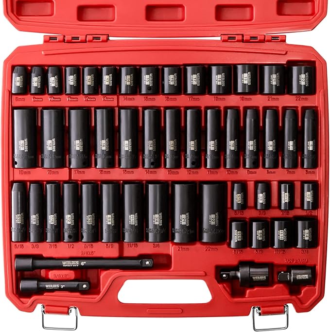 WIILDIS 3/8" Drive Impact Socket Set, 50 Piece Socket Set SAE 5/16" to 3/4" and Metric 6 to 22mm, Includes Extension Bars, Universal Joint and Adapter, 6 Point, Cr-V Steel, Double Lock Storage Case
