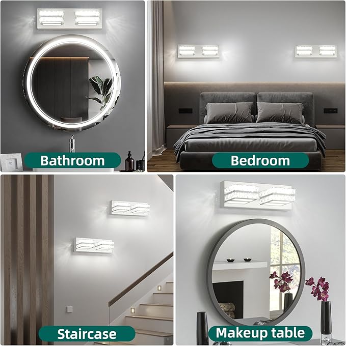 OKELI Crystal Bathroom Lighting Fixtures Over Mirror 2 Light Chrome Vanity Light Modern Vanity Wall Light for Washbasin, Dressing Table, 18W, Dimmable Cold White