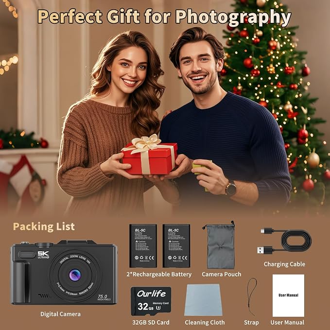 Ourlife Cameras for Photography, 5K 75MP Autofocus Vlogging Camera for YouTube