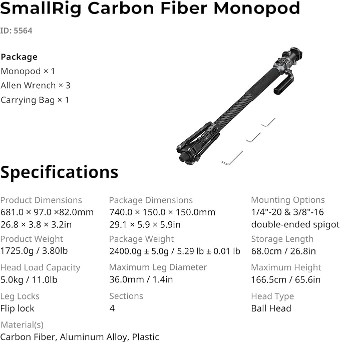 SmallRig 166.5cm / 65.6" Carbon Fiber Monopod