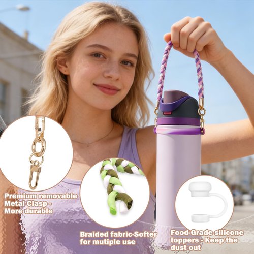 HEYSKAY Water Bottle Handle with Braided Strap for Stanley 12-40OZ Tumbler Water Bottle Strap for Carrying Owala Flask 24-40oz Stanley Cup Accessories with 2PCS Silicone Straw Covers