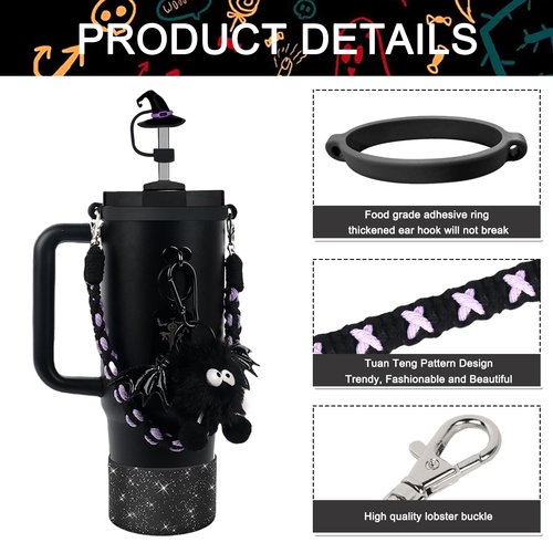 BELSITA Halloween Accessories Set - Black Devil Witch Hat Cap, Silicone Boot, Charms for 30/40oz Tumble