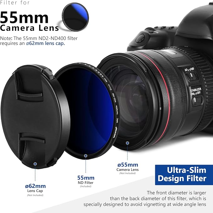 NEEWER 55mm Variable ND Filter ND2-ND400, Neutral Density Filter, Water and