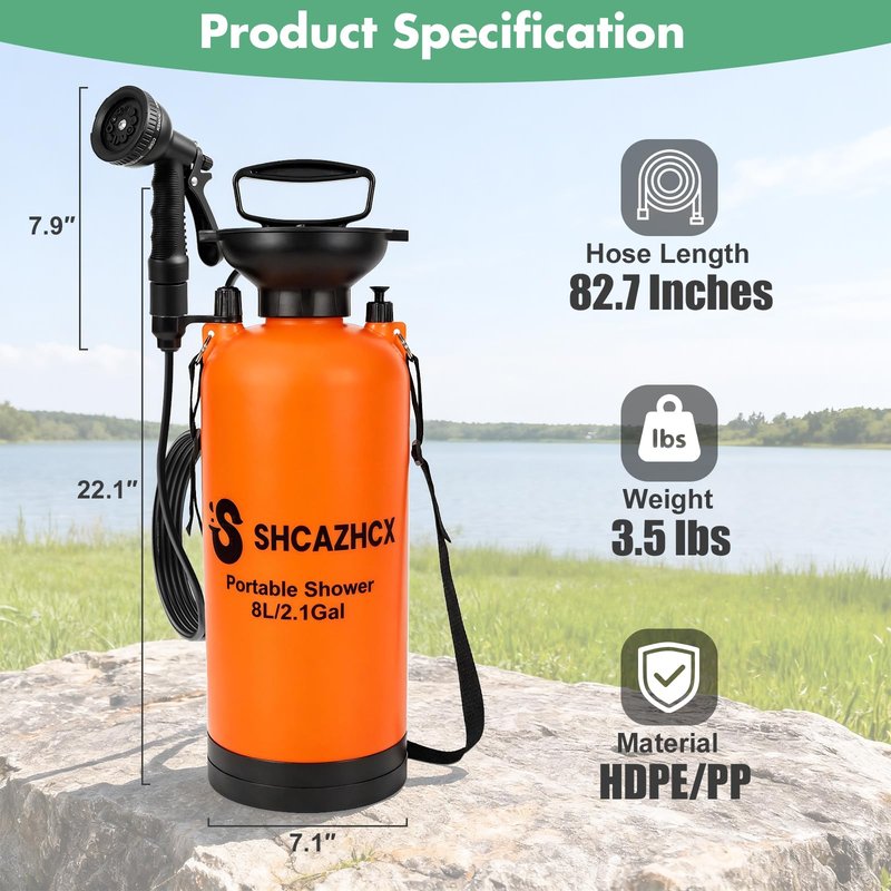 Shcazhcx 2.1 Gallon/8L Portable Water Shower, No Power Needed, Nylon Insulated Sleeve, 10 Spray Modes, Pressurized Portable Shower Sprayer for Camping, Hiking, Beach, Surfing & Outdoor Use, Orange